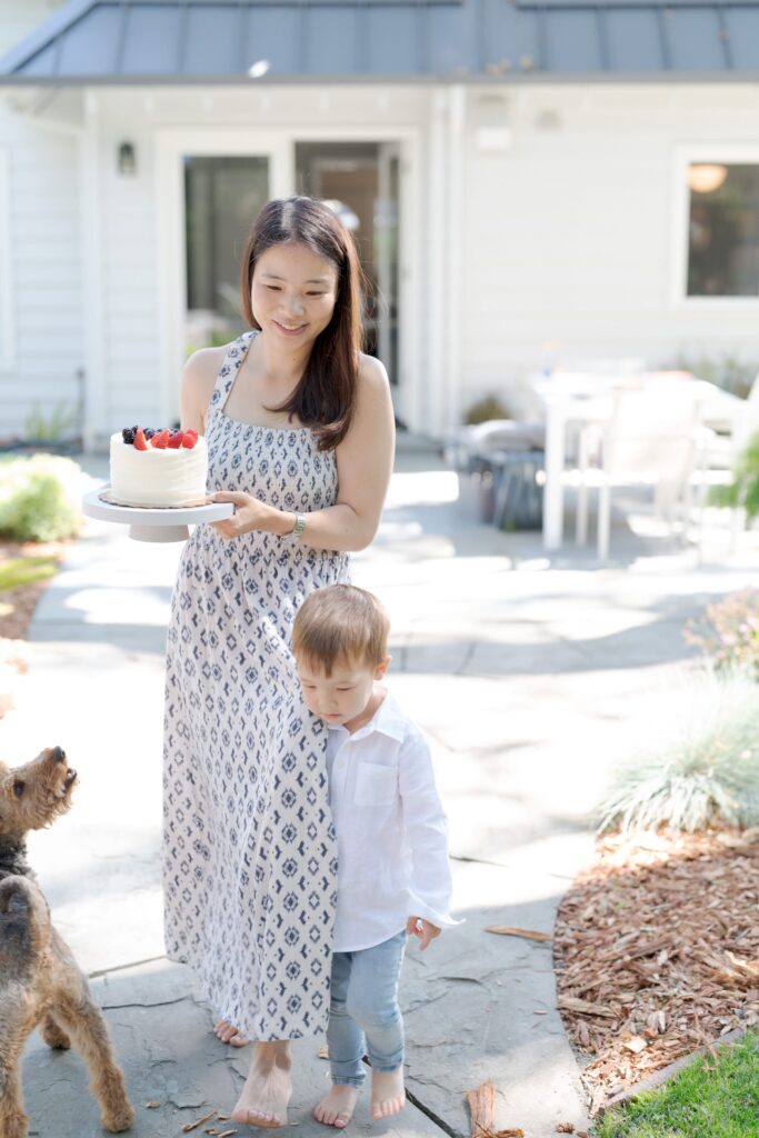 Adorable baby boy grabs his mother's dress who is holding a white cake with strawberry topping. The pet dog looks at her, almost comically.