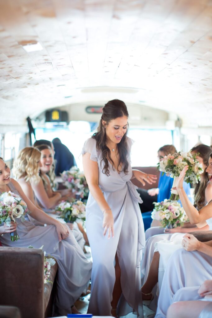 Old-school bus transportation for the bridesmaids during a wedding.