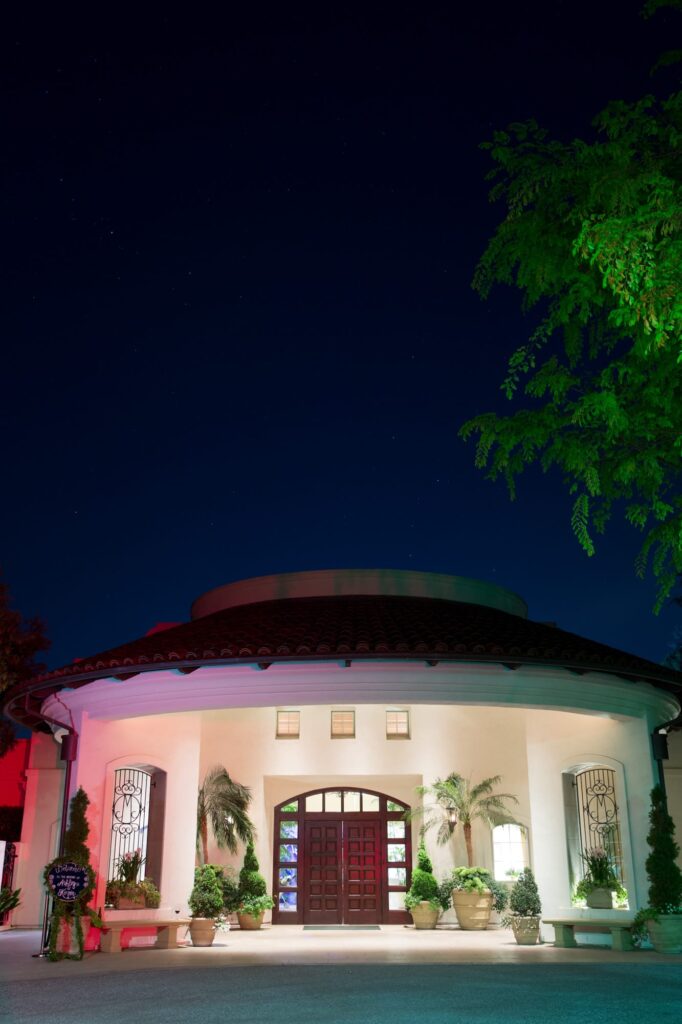 A color picture of the Menlo Circus Club at night. I love the dark blue sky and the twinkling starts.