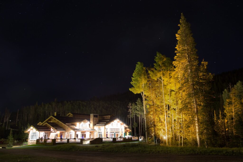 Night view of Deer Valley Resort with illuminated lights.