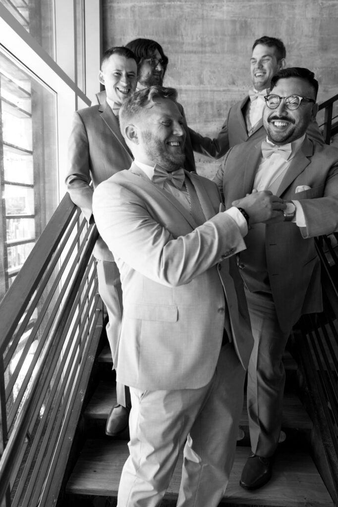 Man entertains his best men at his Healdsburg wedding.