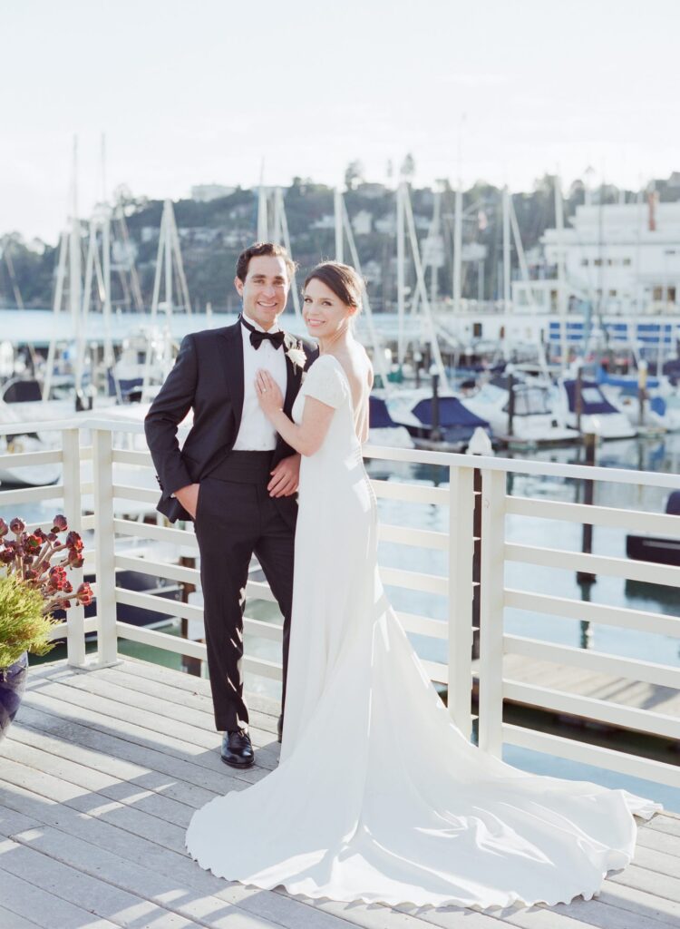 Editorial style wedding photography of Bride and groom at the Tiburon harbor.