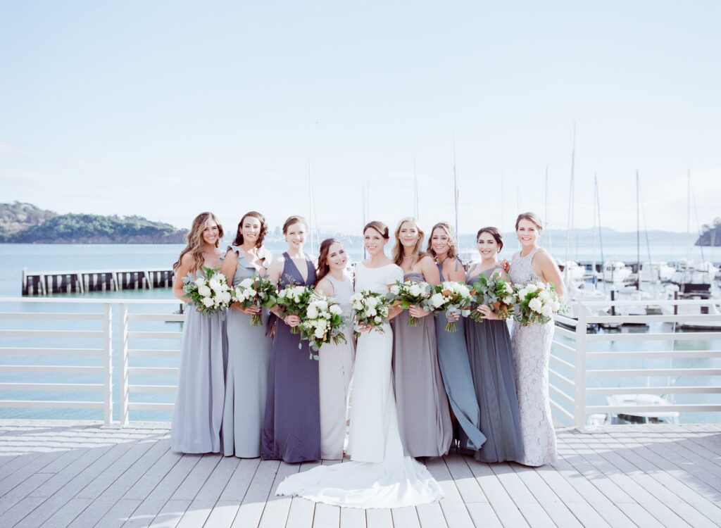 Beautifully dressed bride and her maids at her Marin County Wedding.