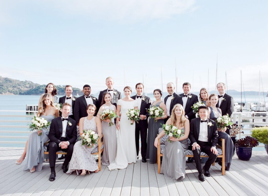 Bride and groom with their maids and best men at their Marin County Wedding venue.