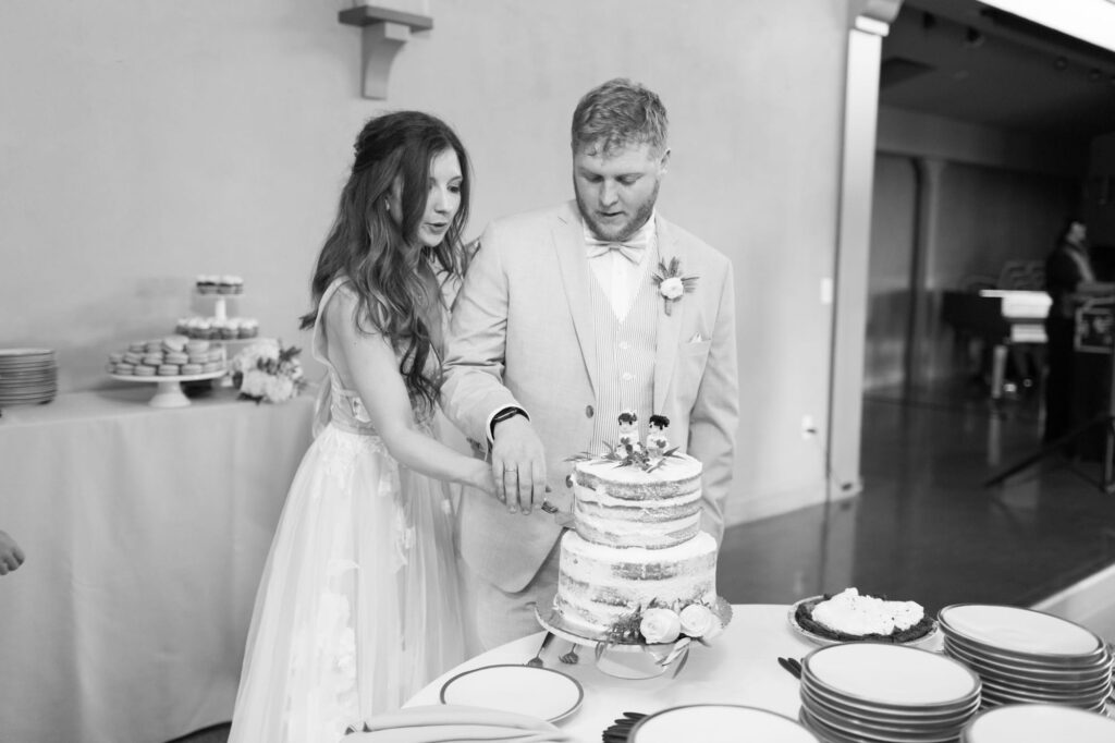 Bride and groom cut their wedding cake.