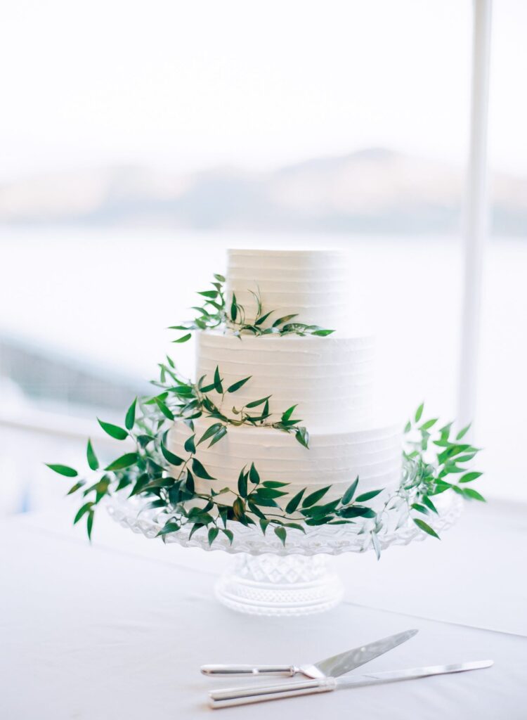 Elegant white wedding cake with green branches.