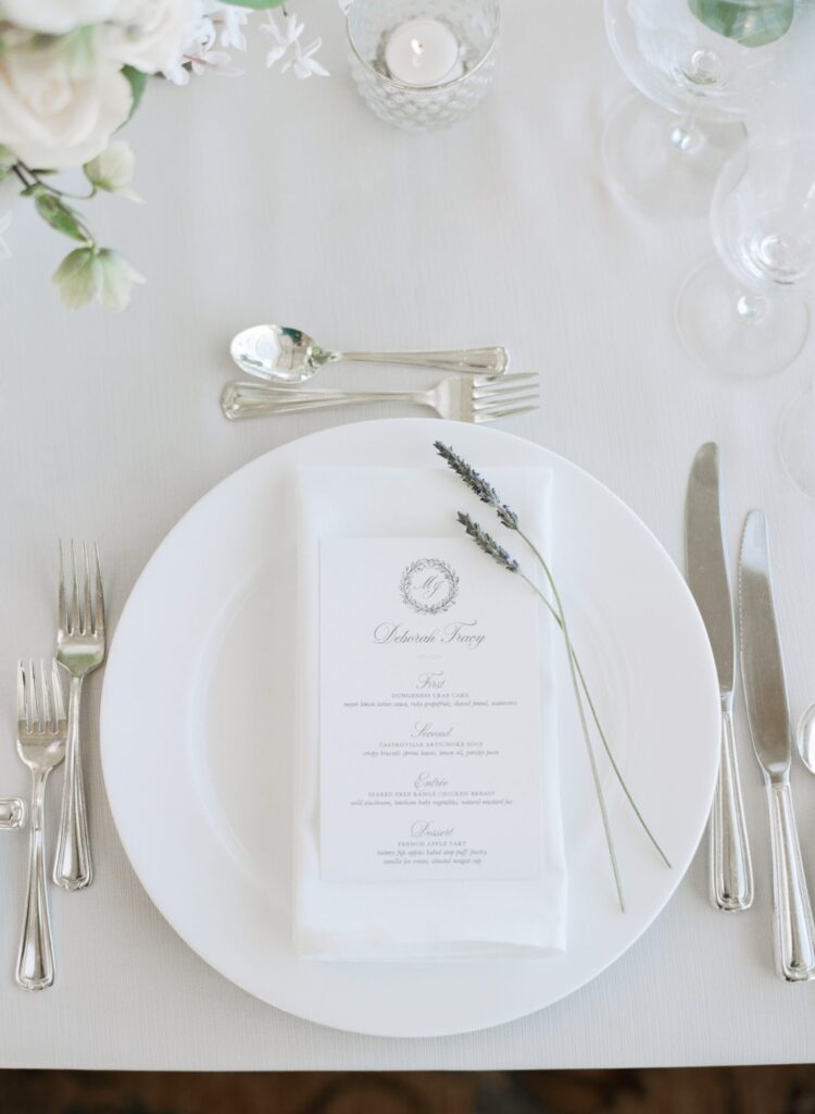 Four-course meal menu at a wedding party.