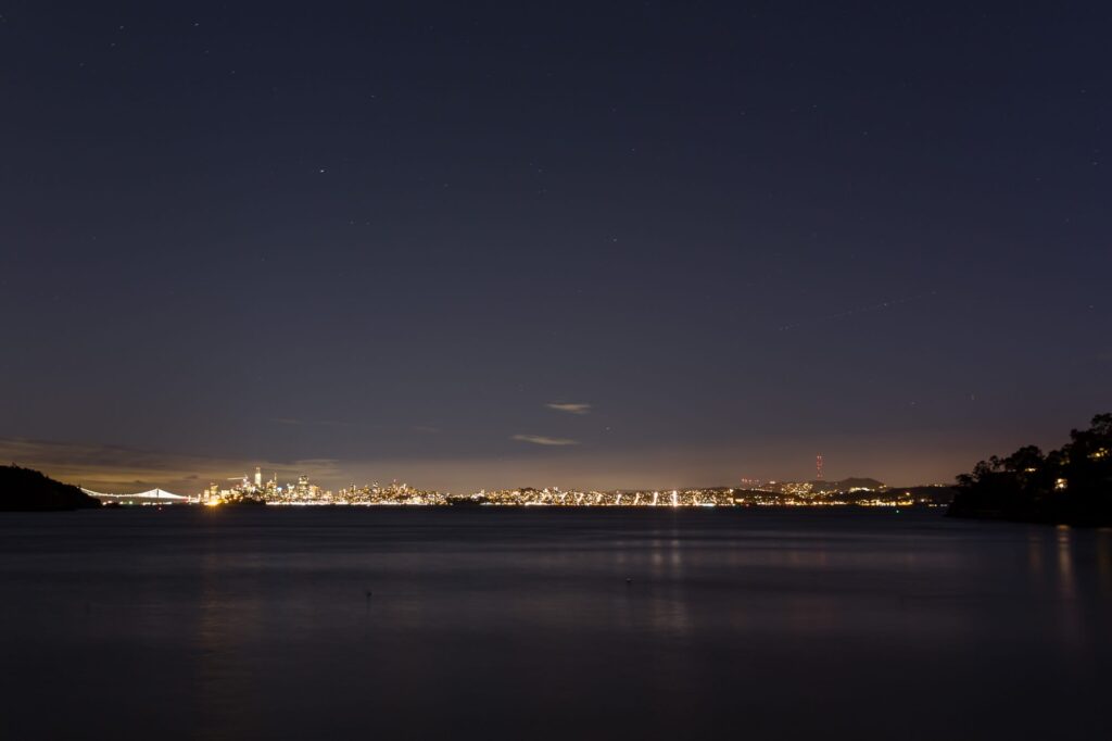 Nighttime ocean view from Tiburon, Marin County.