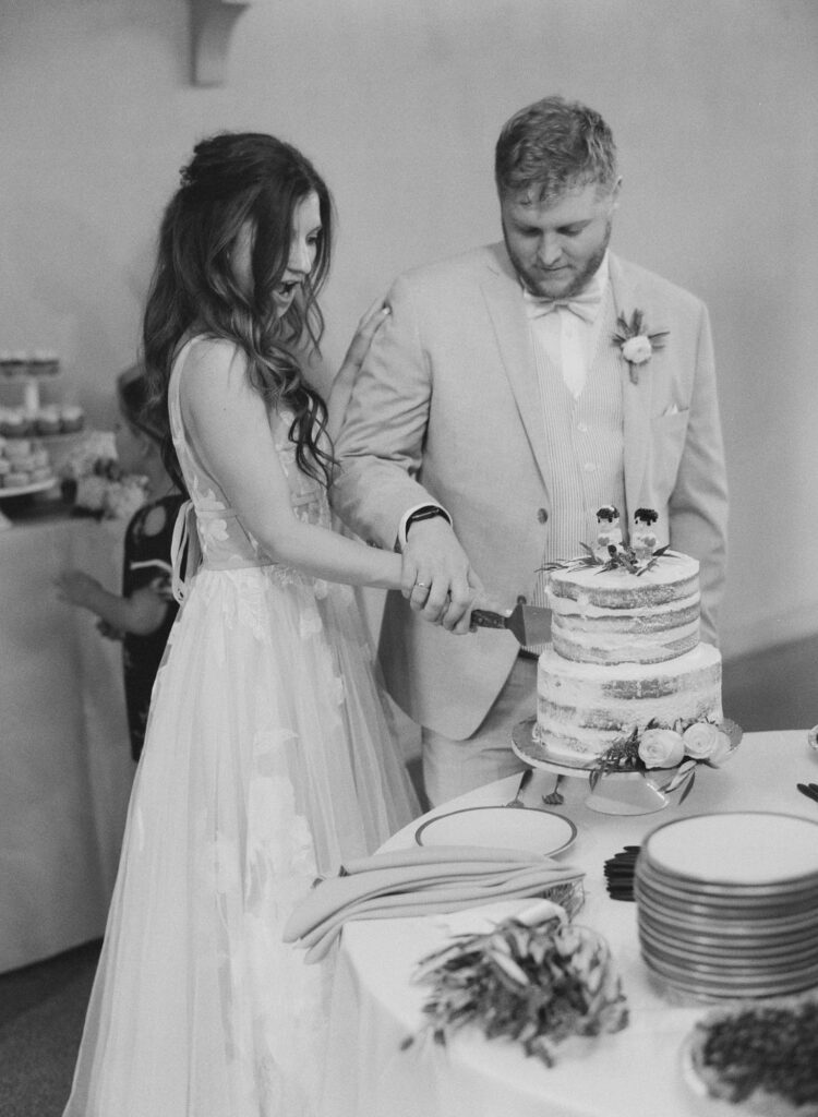 Bride and groom cut their wedding reception party cake.