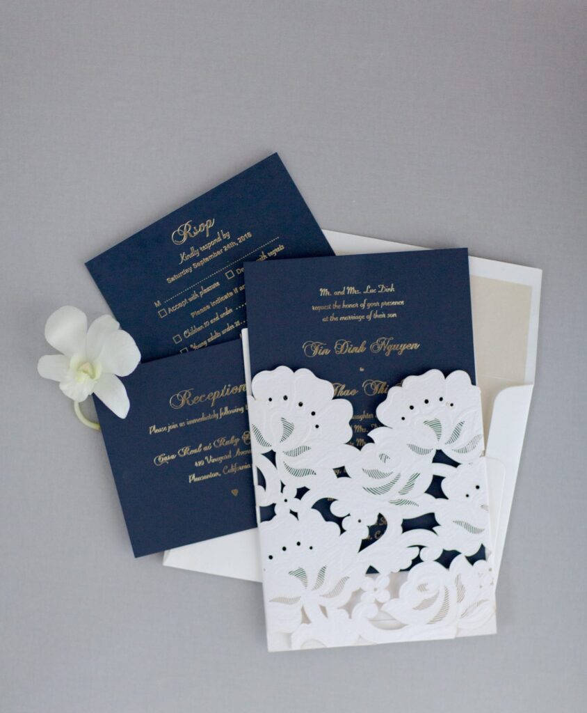 Wedding cards in blue with golden font.