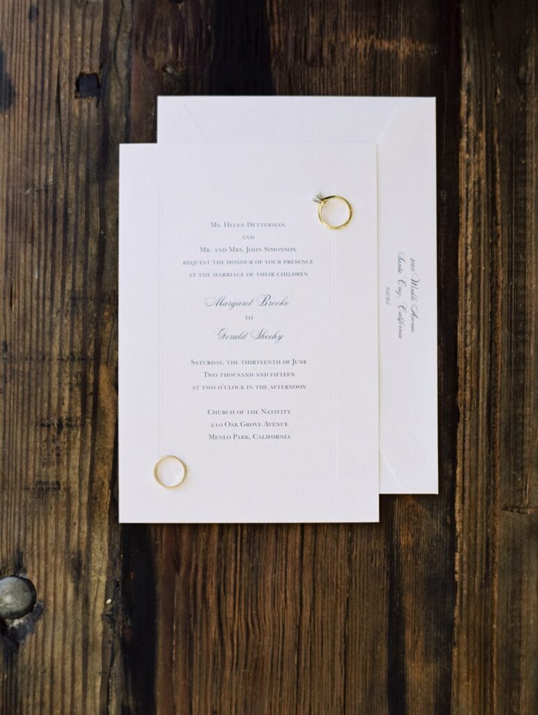 Minimalist design of wedding officiation documents with elegant, cursive font for the names of bride and groom.