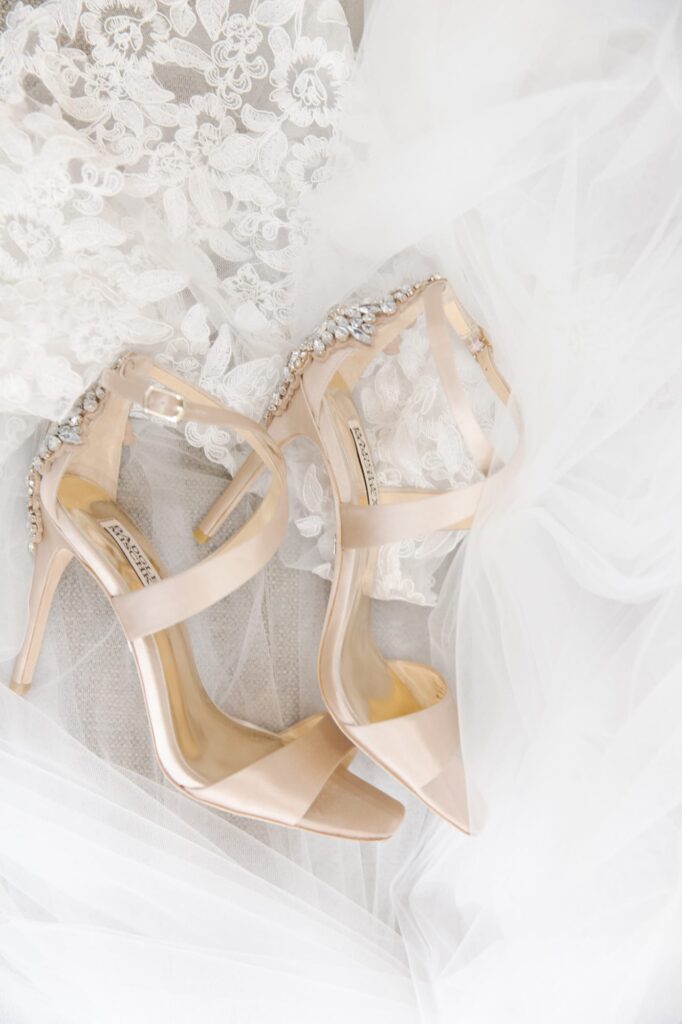 Gold-color wedding sandals with heels.