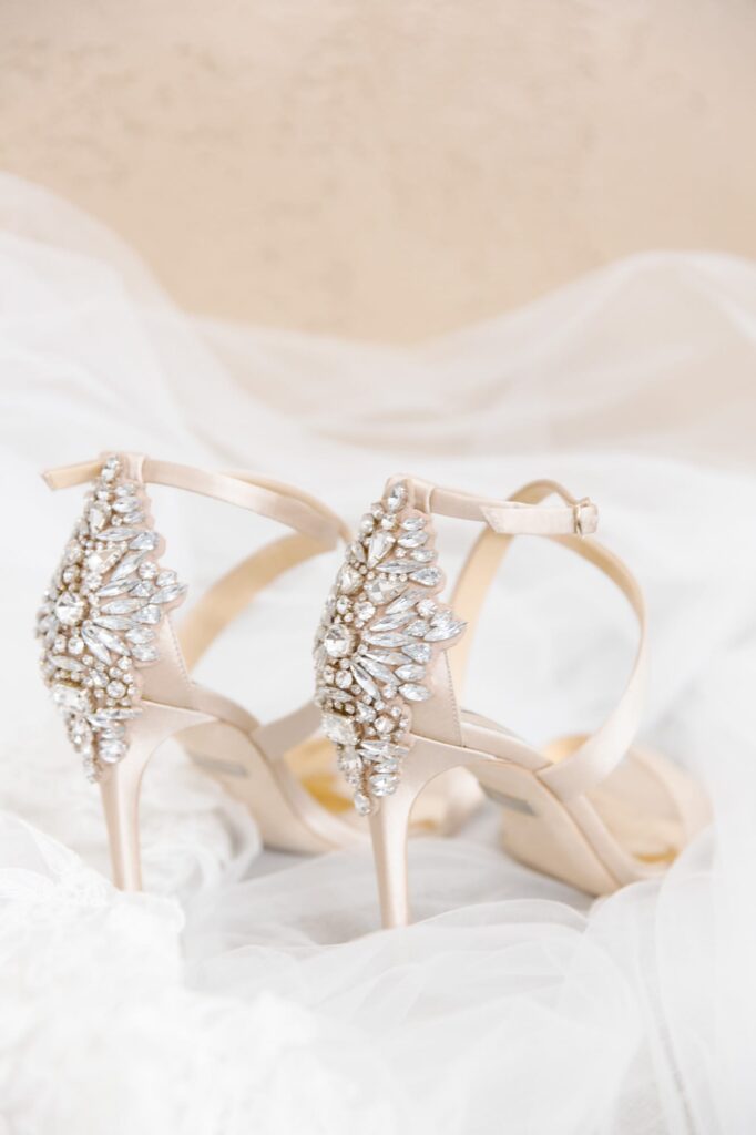 Embroidered gems on a wedding sandal.