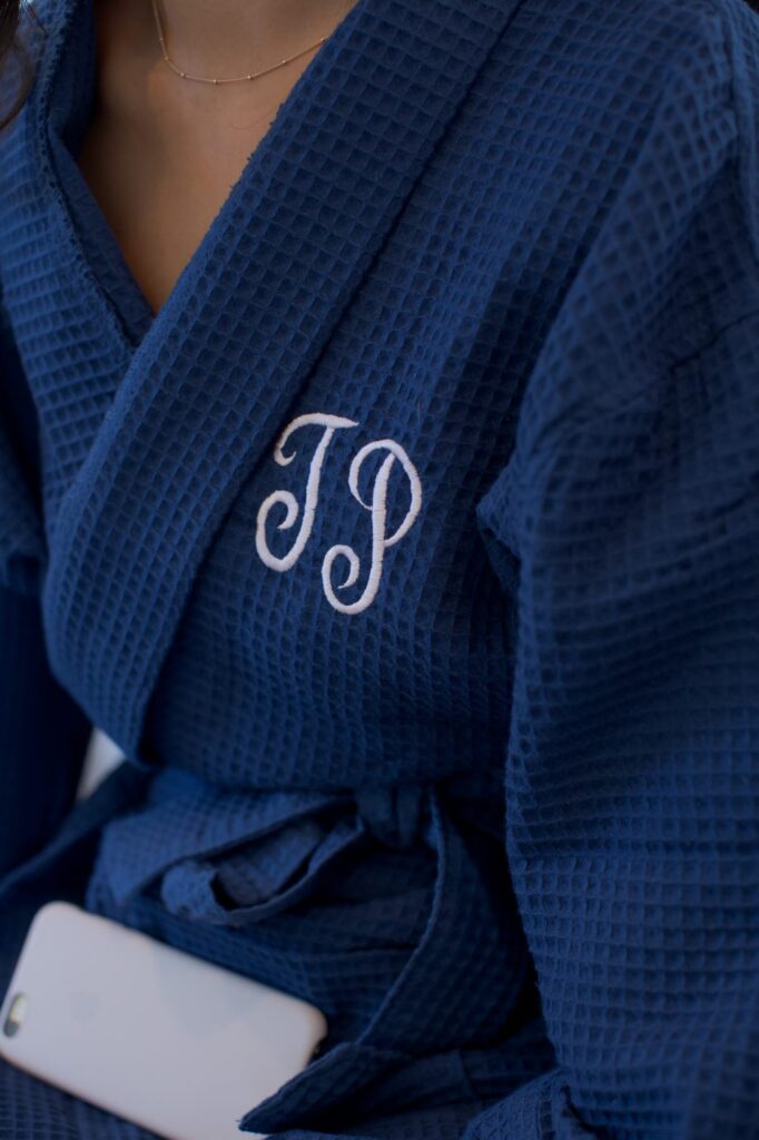 Blue wedding robe with "JJ" embroidery.