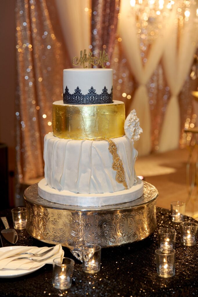 Three-storey wedding cake for luxury wedding.