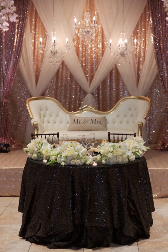 Seats for the bride and groom at the reception party.