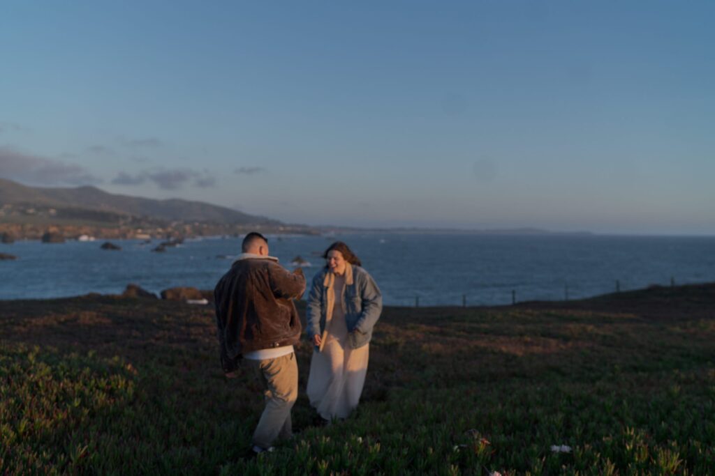 Casual dressing, fun, and laughter during engagement photography in Sonoma County.