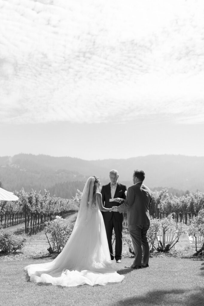 Bride and groom at an outdoor wedding officiation ceremony with the officiator.