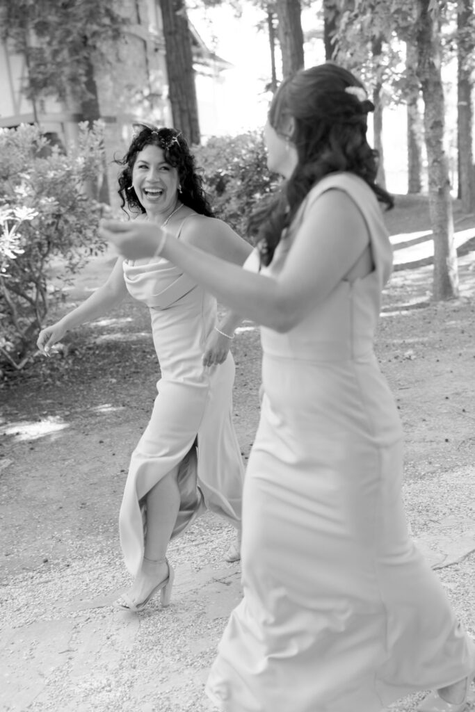 Bridesmaids wear their wedding outfits and walk on their heels.