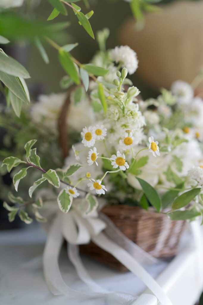 Beautiful flower petals growing on a hand-woven wooden basket.