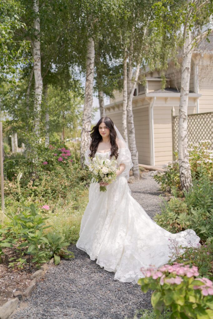 Regal before-wedding portrait of a bride-to-be in her wedding gown.