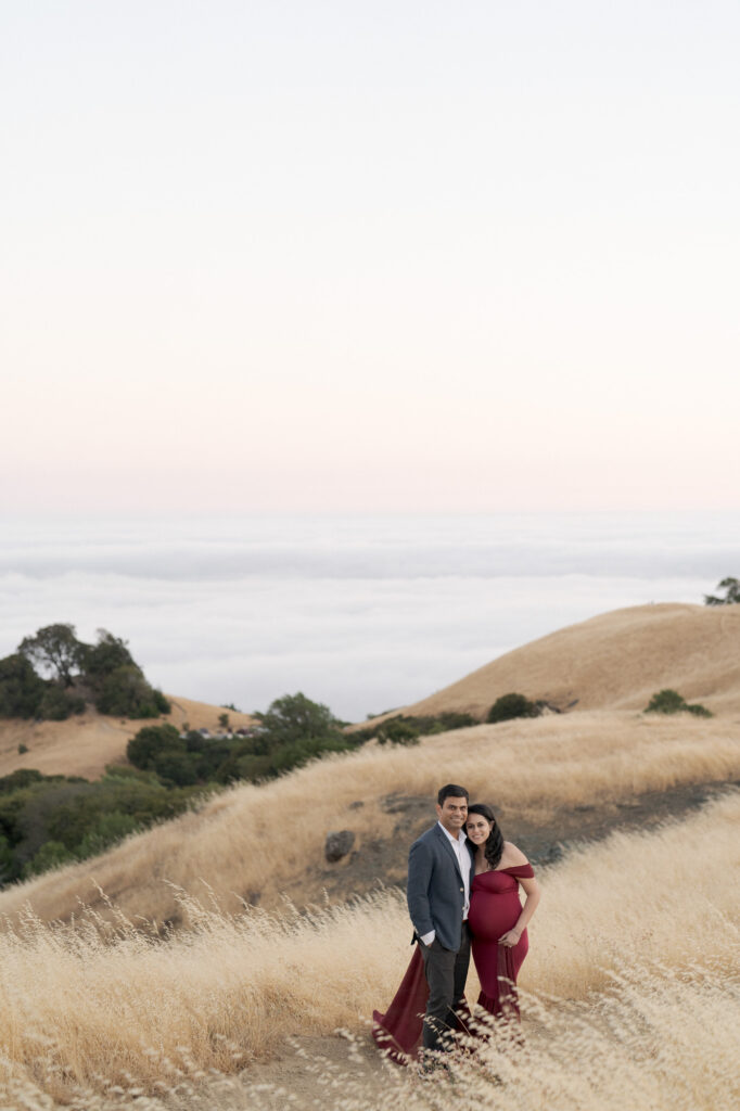 Maternity photoshoot at Mt. Tam with the fog in the background creating a dreamy backdrop.