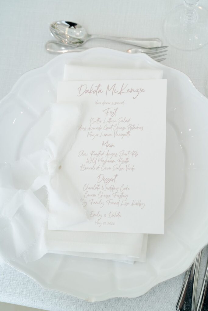 Cuisine menu for the wedding reception party.