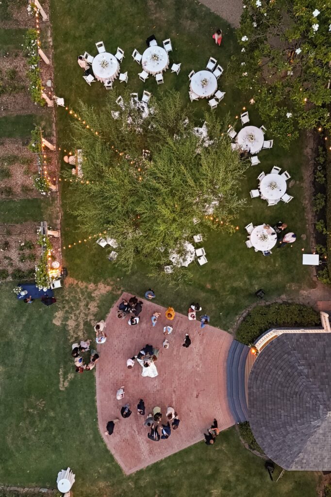 Aerial view of the wedding reception party venue at Garden Valley Ranch, Petaluma, Sonoma County, California