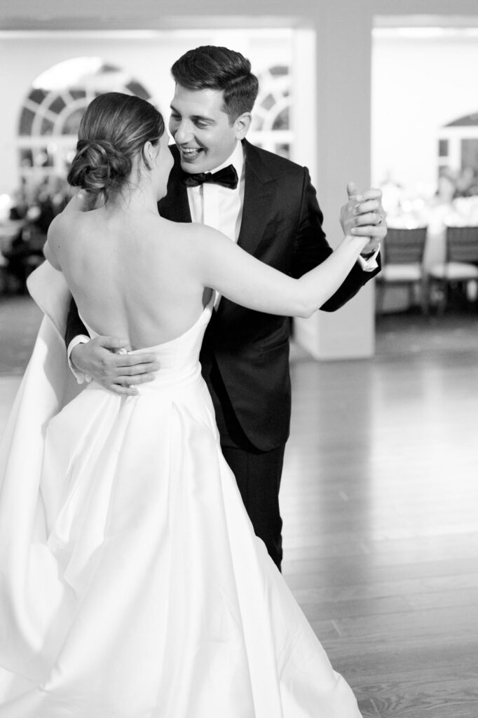 Bride and groom hit the dance floor at their reception party.